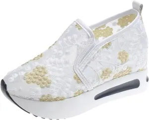Platform Sneakers for Women Fashion Floral Mesh Air Comfort Chunky Sole Hidden High Heels Breathable Walking Work Shoes with Arch Support