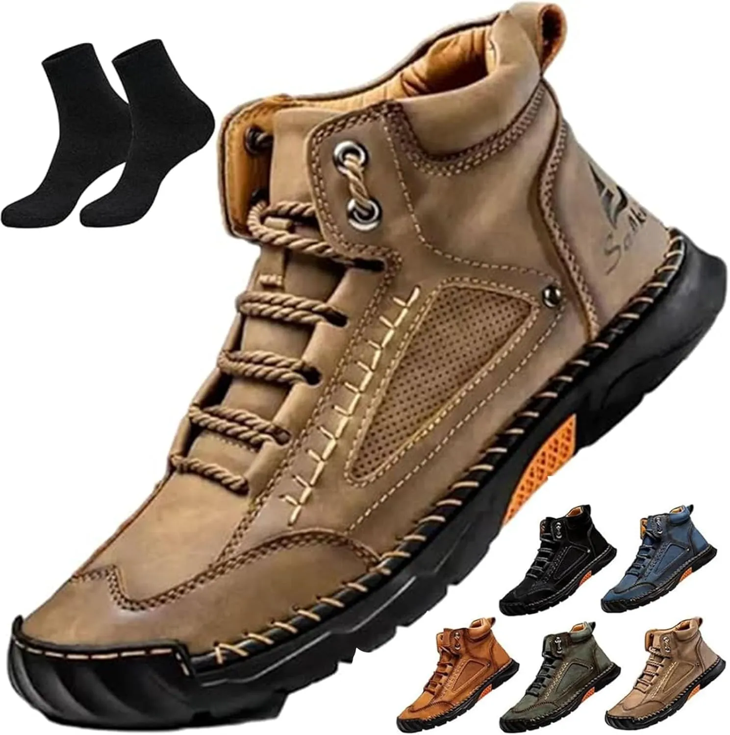 Sawbehind Mens Boots,Sawbehind Leather Shoes, Men's Comfortable Handmade Leather Boots  Waterproof, Outdoor Arch Support Orthopedics Ankle Shoes