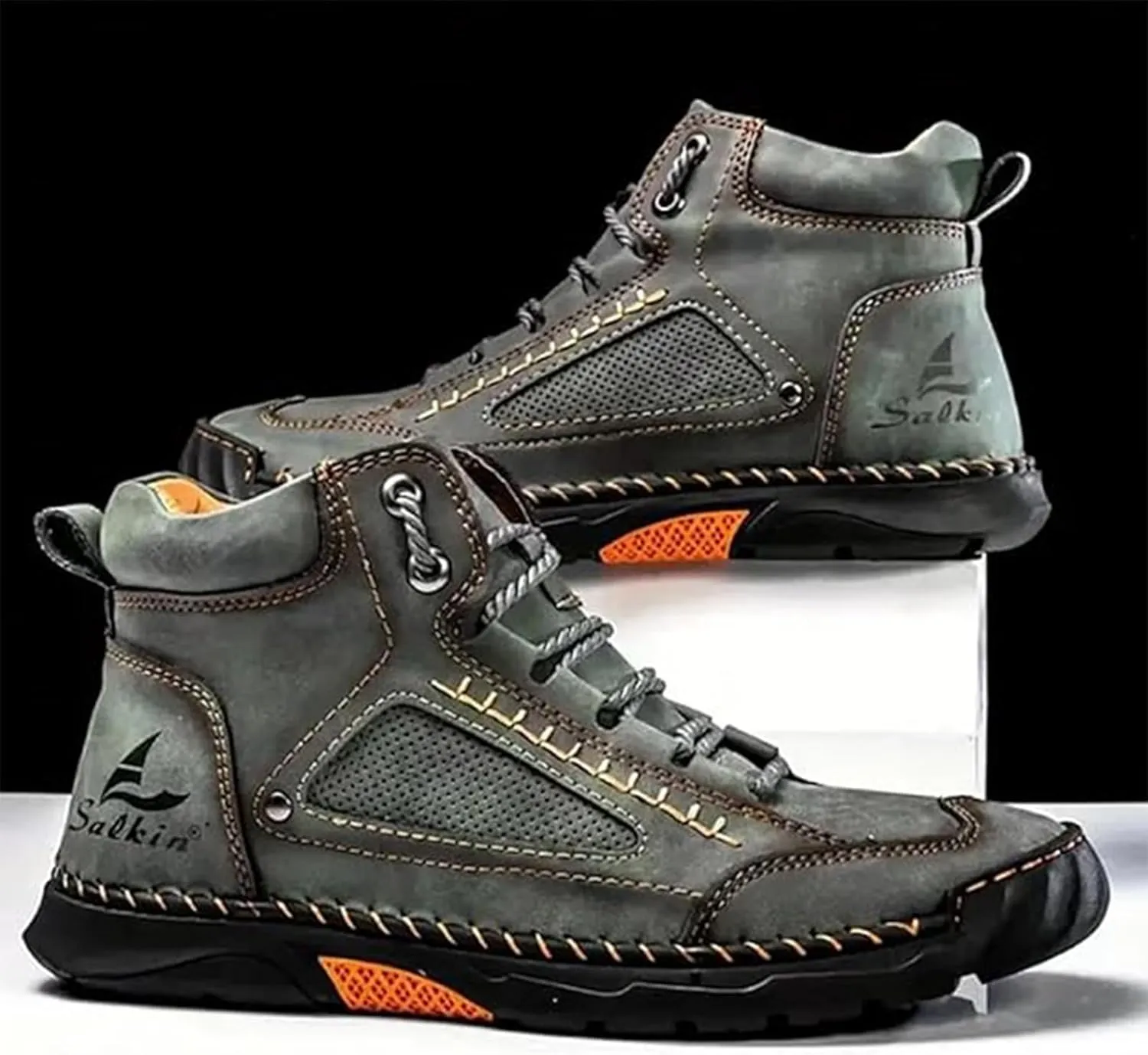 Sawbehind Men's Comfortable Handmade Leather Boots  Waterproof, Arch Support, Spacious Toe Box Outdoor Leather Shoes