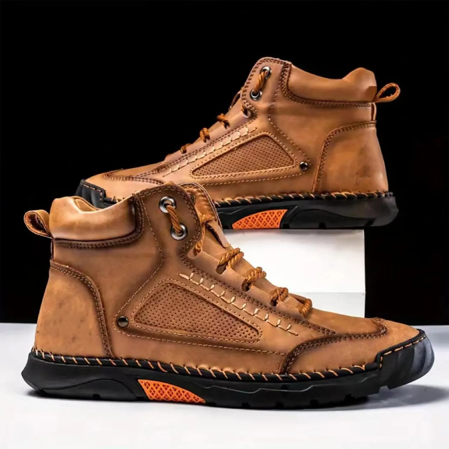 Sawbehind Men's Comfortable Handmade Leather Boots  Waterproof, Spacious Toe Box Outdoor Leather Walking Driving Shoes