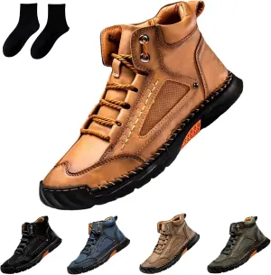 Sawbehind Men's Comfortable Handmade Leather Boots  Waterproof, Spacious Toe Box Outdoor Leather Walking Driving Shoes