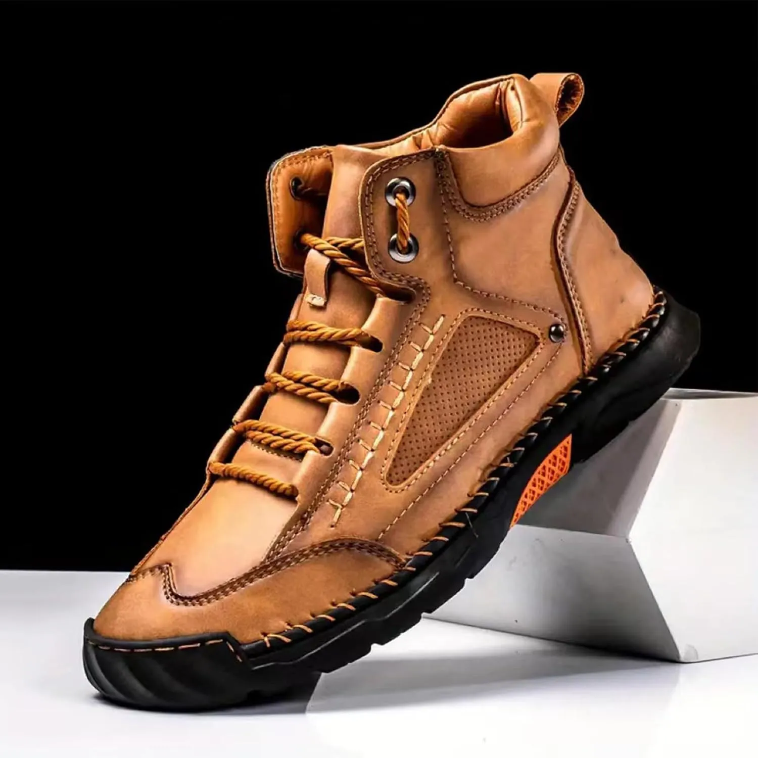 Sawbehind Men's Comfortable Handmade Leather Boots  Waterproof, Spacious Toe Box Outdoor Leather Walking Driving Shoes