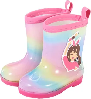Toddler Kids Rain Boots for Girls Rainy Days Rubber Cute Girls RainbowPrinted with Easy On Handles