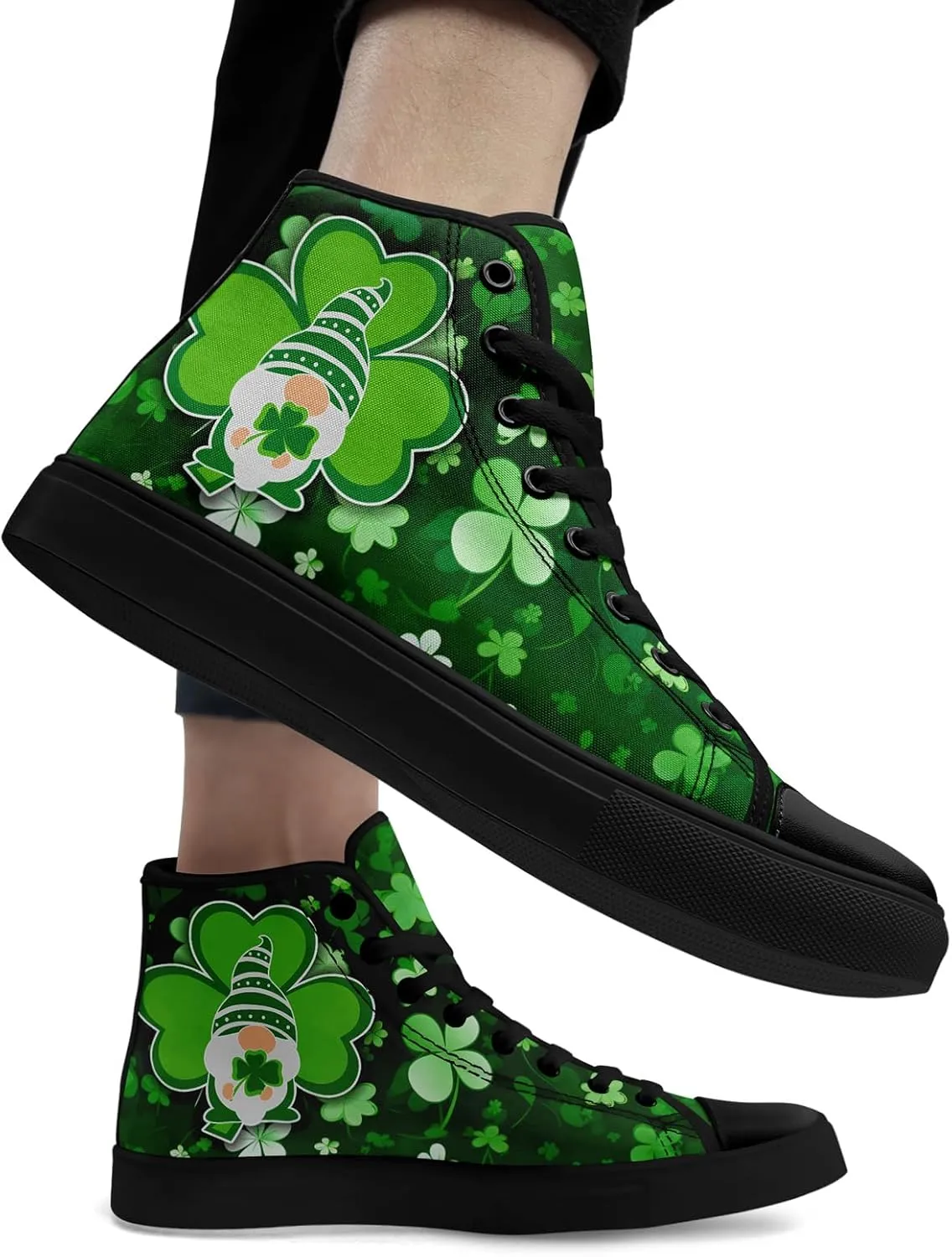Unisex High-Top Canvas Sneakers ?C Green Lucky Design with Clover Hat, Comfortable and Stylish Canvas Casual Shoes for Men