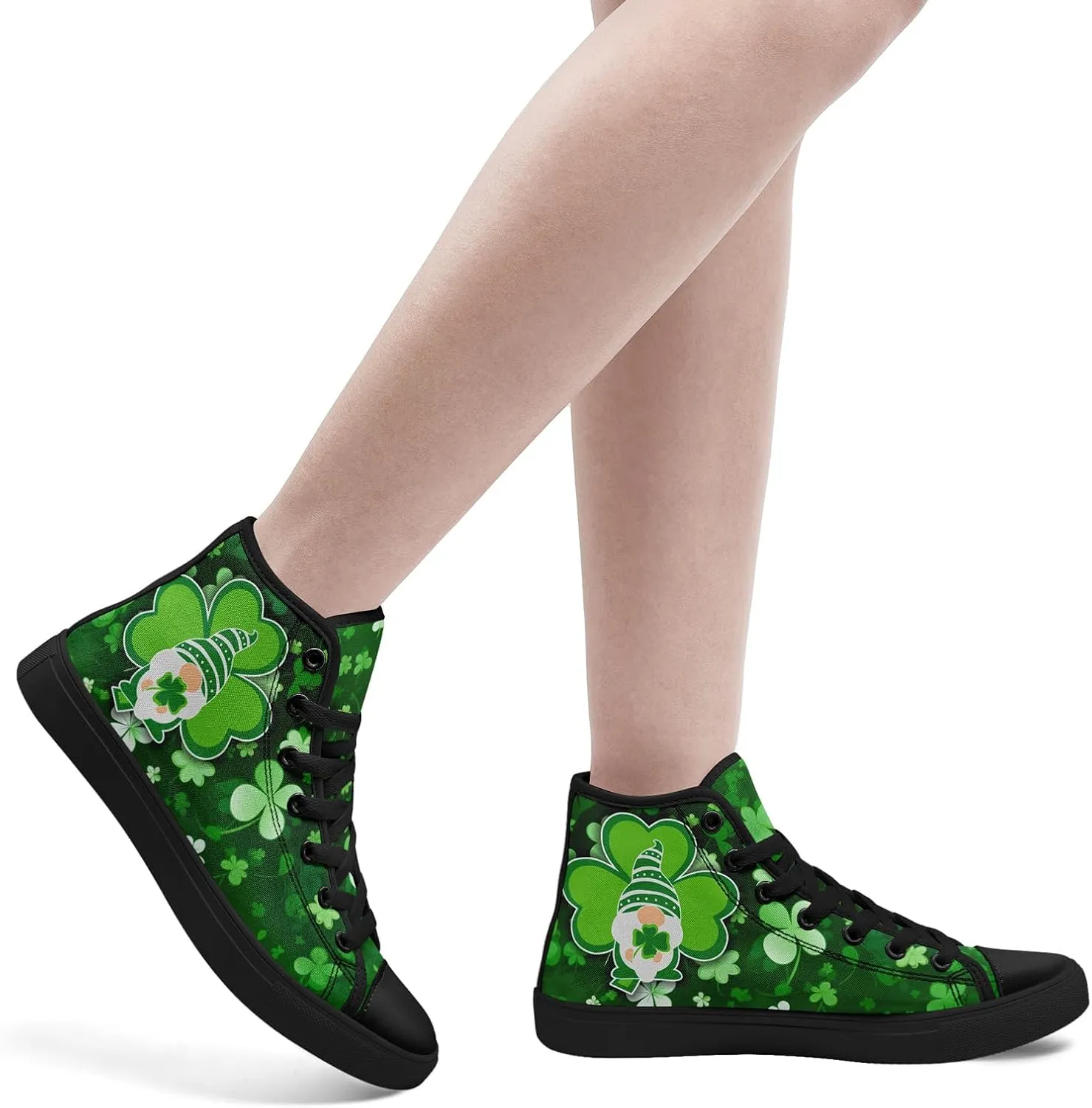 Unisex High-Top Canvas Sneakers ?C Green Lucky Design with Clover Hat, Comfortable and Stylish Canvas Casual Shoes for Men