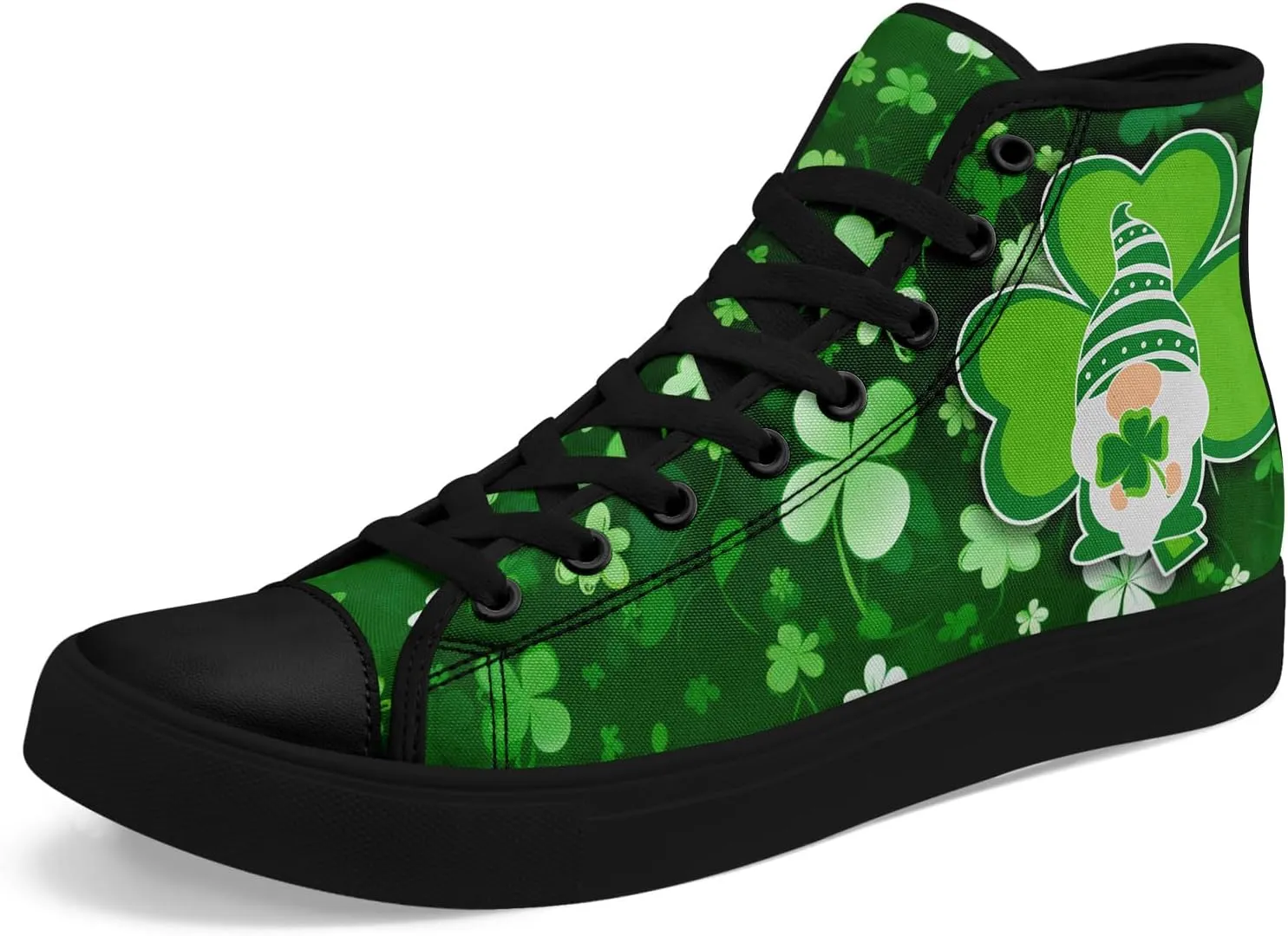 Unisex High-Top Canvas Sneakers ?C Green Lucky Design with Clover Hat, Comfortable and Stylish Canvas Casual Shoes for Men