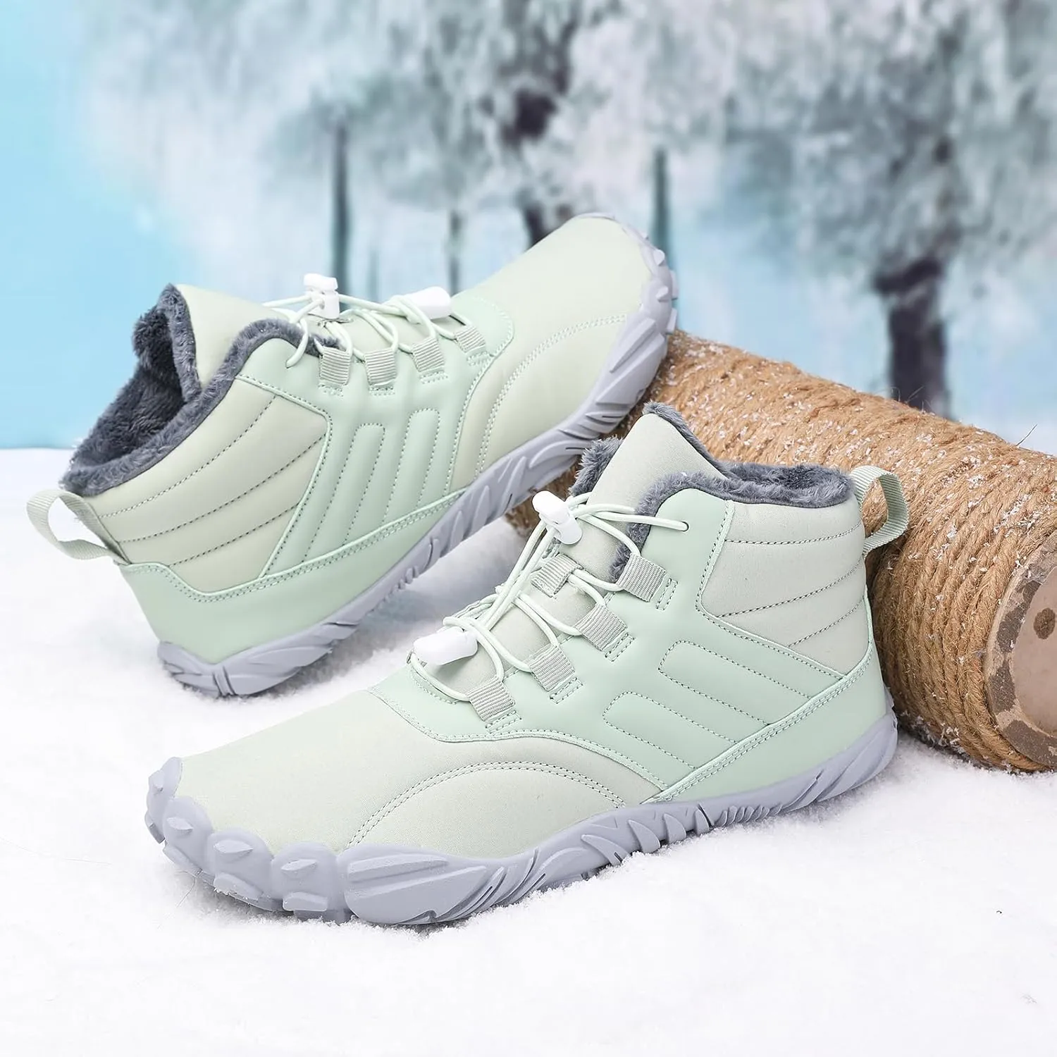 uSecee Men's Women's Winter Barefoot Hiking Boots Winter Warm Wide Toe Box Shoes Minimalist Waterproof Hiking Shoes Zero Drop Non Slip Sneakers Fur Lined Snow Boots Walking Outdoor Unisex