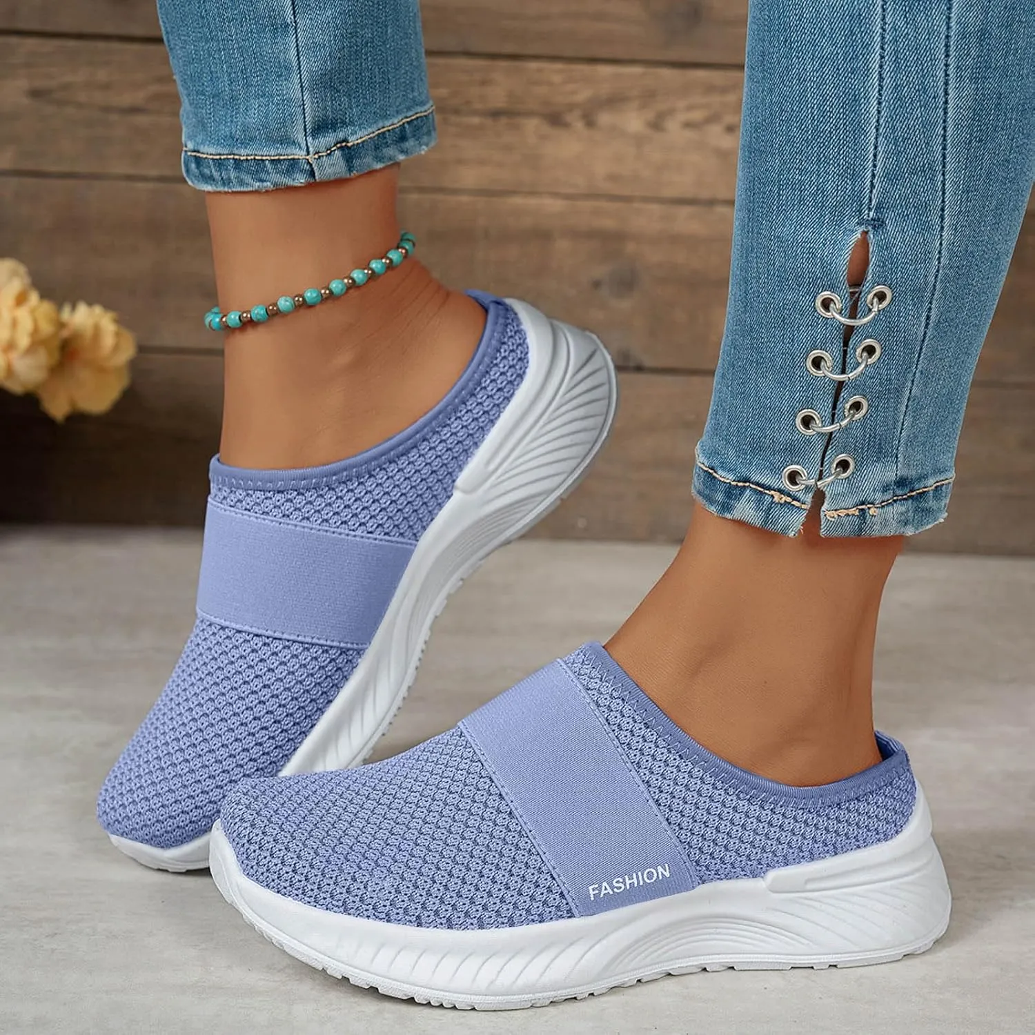 Walking Shoes Women 2025 Womens Breathable Mesh Walk Mules Sneaker Open Back Slip On Shoe Fashion Knitted Lightweight Walk Sneakers Casual Comfortable Outdoor Sports Mule Shoes