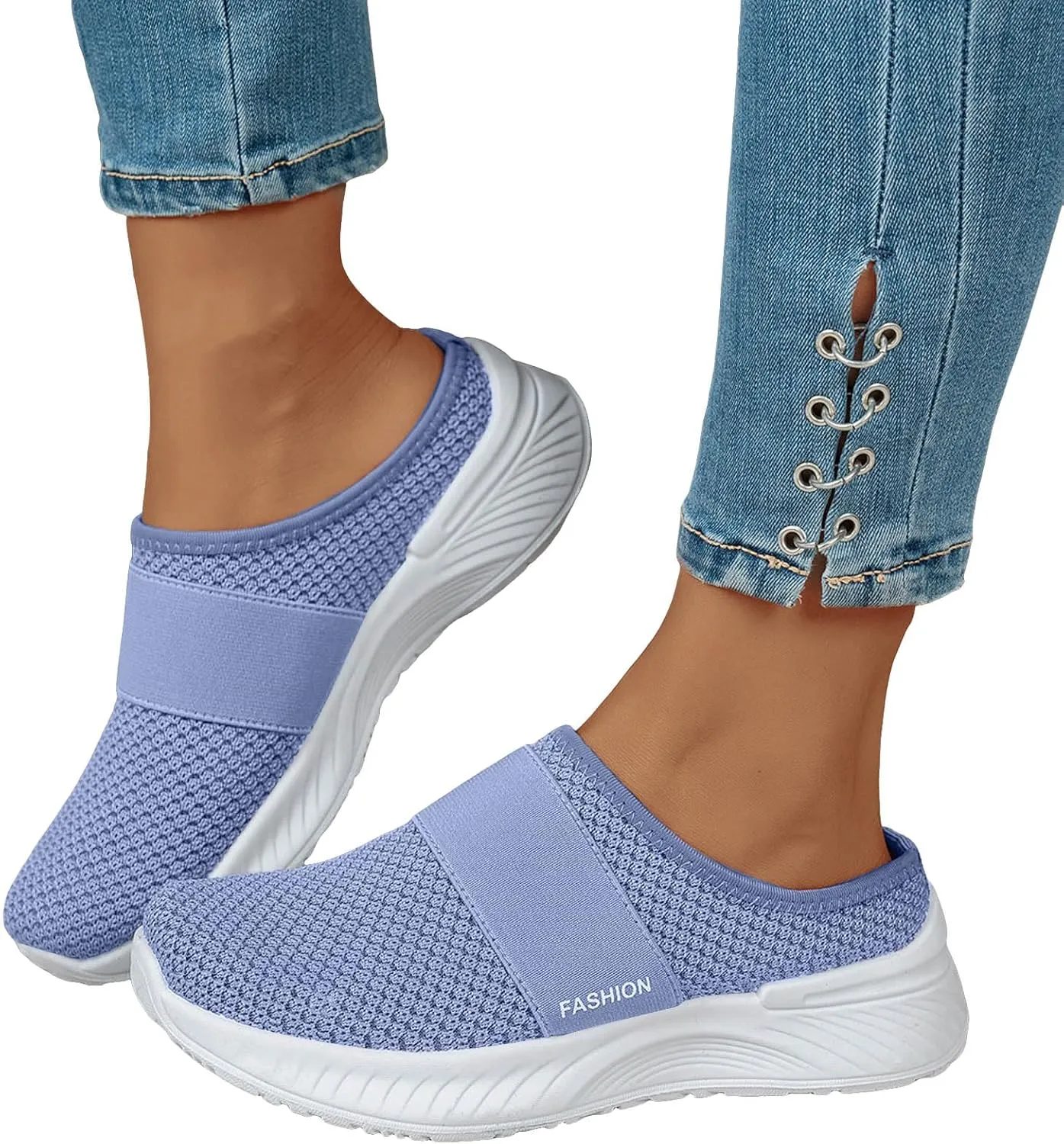 Walking Shoes Women 2025 Womens Breathable Mesh Walk Mules Sneaker Open Back Slip On Shoe Fashion Knitted Lightweight Walk Sneakers Casual Comfortable Outdoor Sports Mule Shoes