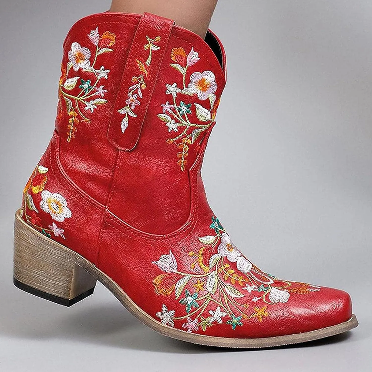 Wide Calf Cowboy Boots Cowgirl Booties for Women Embroidered Chunky Heel Pointed Toe Western Boots Pull On Boots
