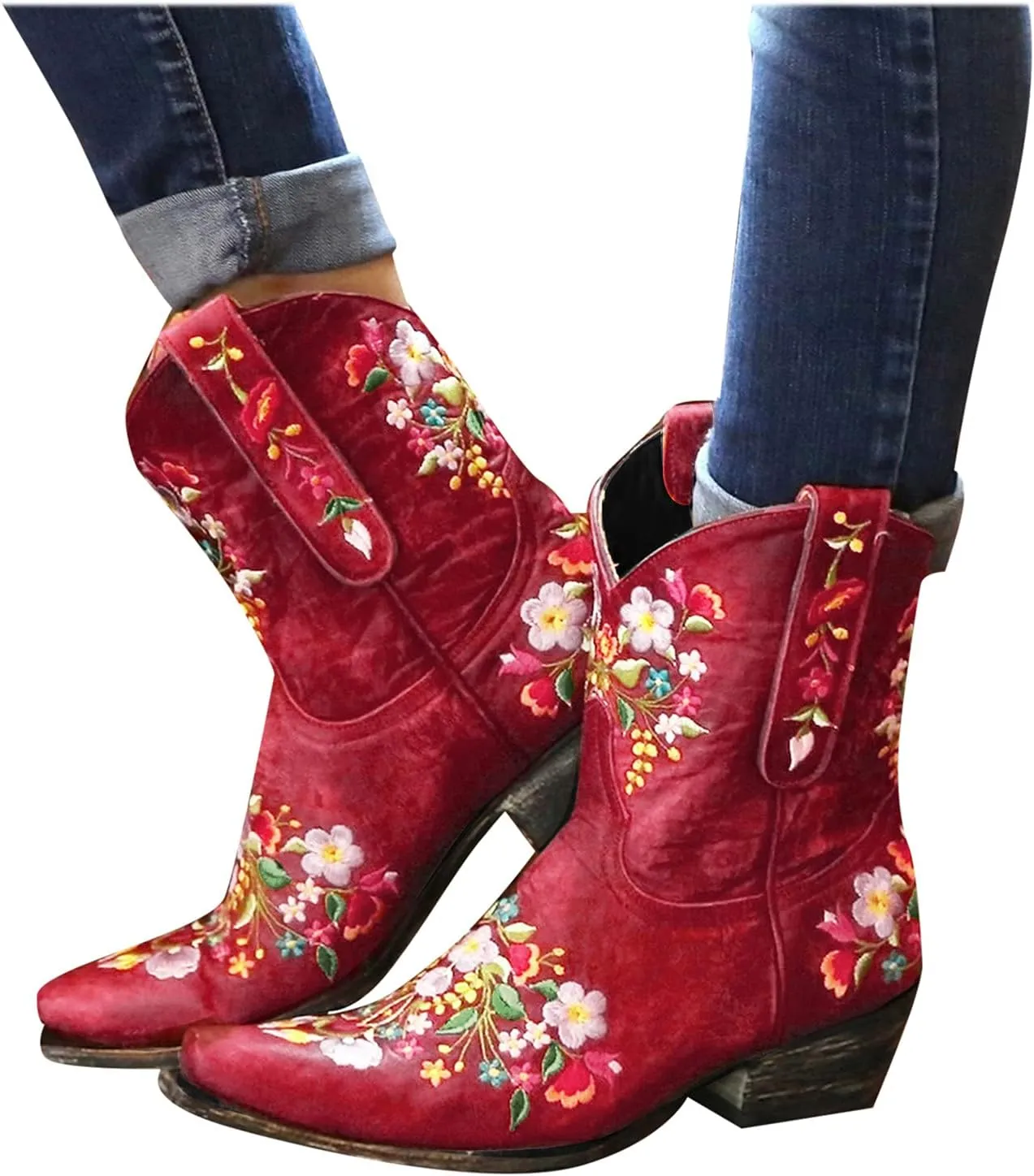 Wide Calf Cowboy Boots Cowgirl Booties for Women Embroidered Chunky Heel Pointed Toe Western Boots Pull On Boots