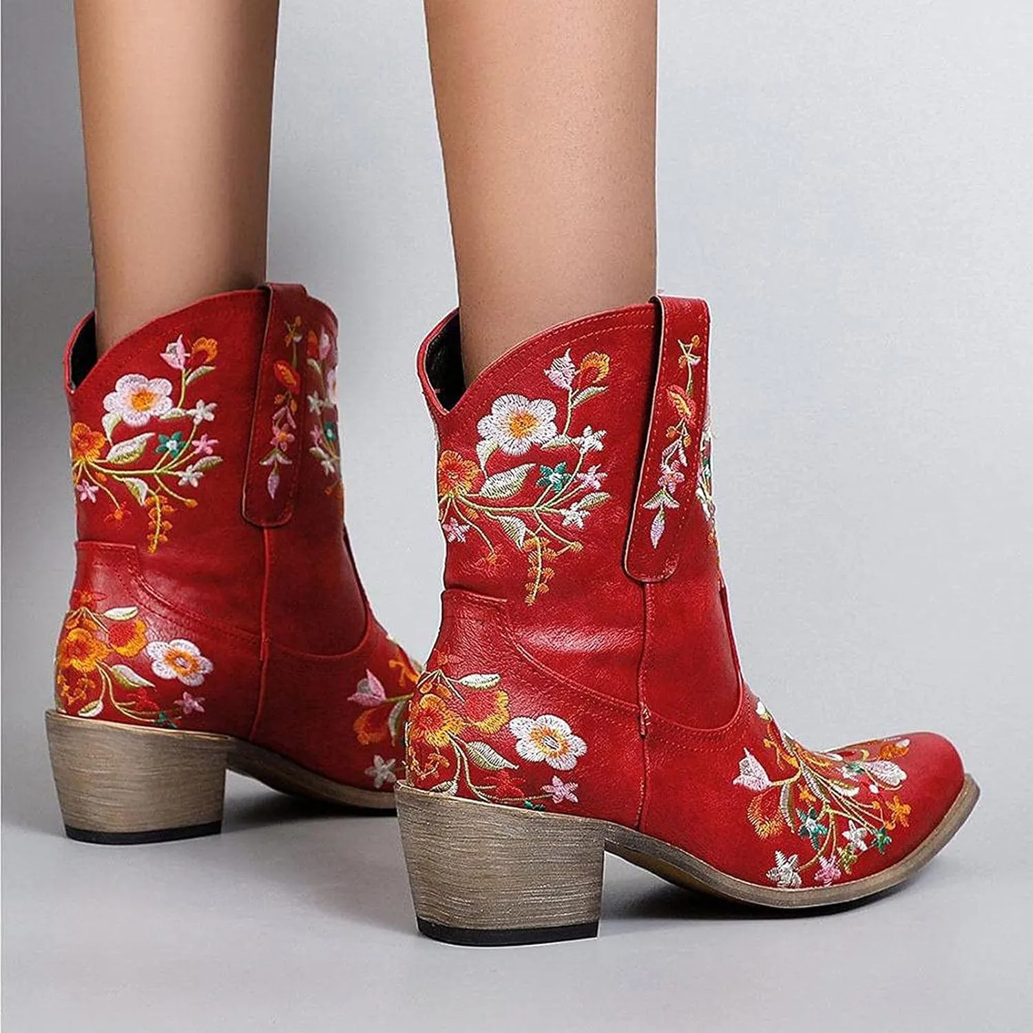 Wide Calf Cowboy Boots Cowgirl Booties for Women Embroidered Chunky Heel Pointed Toe Western Boots Pull On Boots