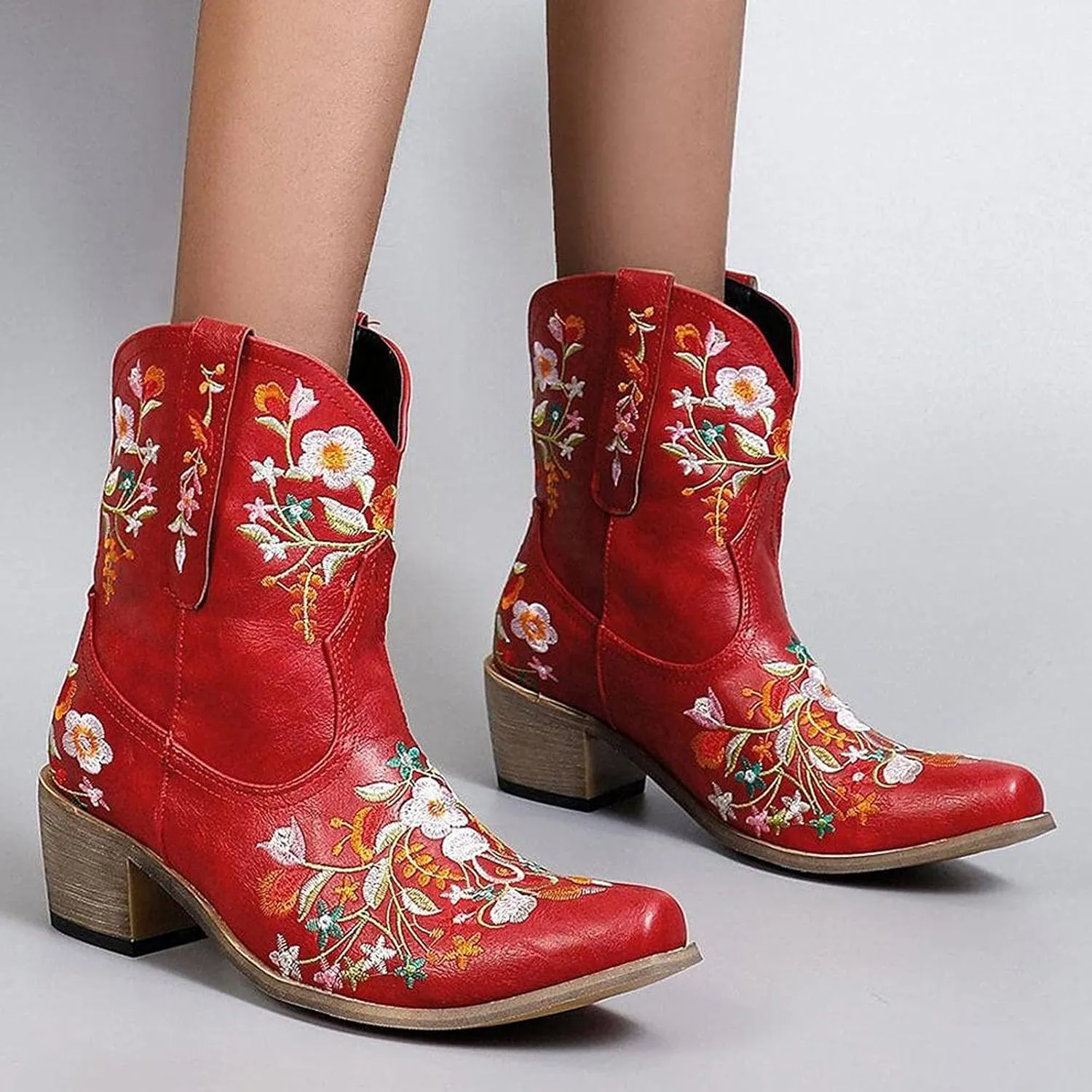 Wide Calf Cowboy Boots Cowgirl Booties for Women Embroidered Chunky Heel Pointed Toe Western Boots Pull On Boots
