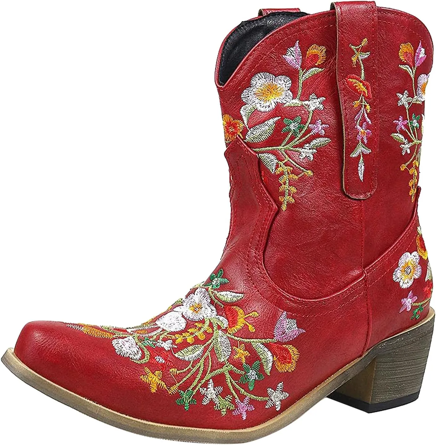 Wide Calf Cowboy Boots Cowgirl Booties for Women Embroidered Chunky Heel Pointed Toe Western Boots Pull On Boots
