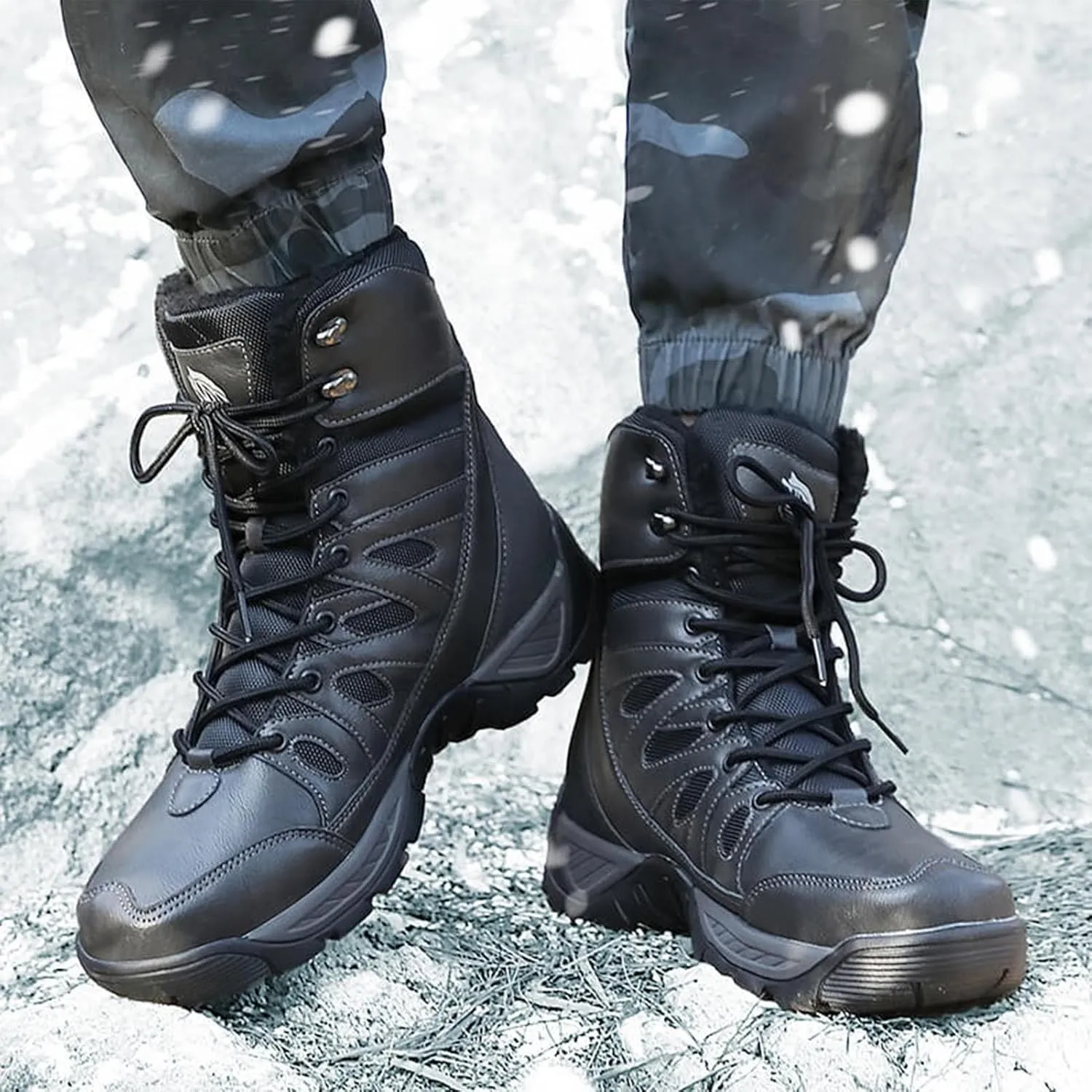 Winter Plush Warm Snow Tactical Combat Boots, Waterproof Anti-Slip High-Top Hiking Shoes, Military Leather Work Boots