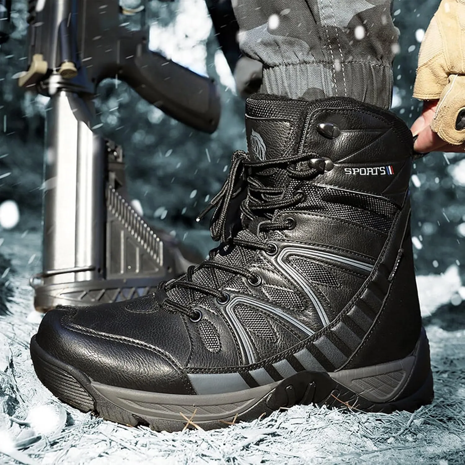 Winter Plush Warm Snow Tactical Combat Boots, Waterproof Anti-Slip High-Top Hiking Shoes, Military Leather Work Boots