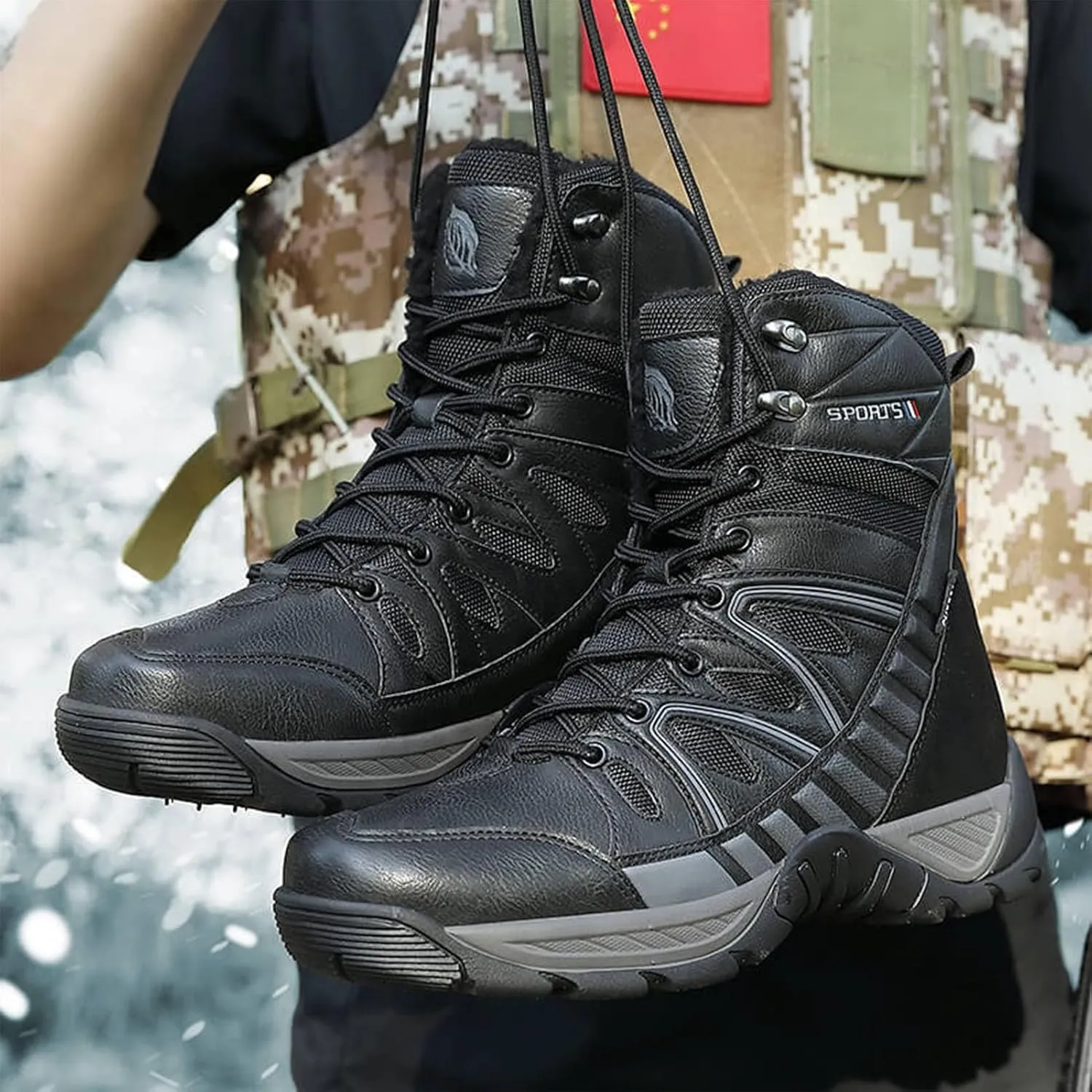 Winter Plush Warm Snow Tactical Combat Boots, Waterproof Anti-Slip High-Top Hiking Shoes, Military Leather Work Boots