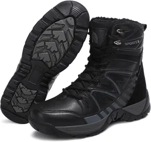 Winter Plush Warm Snow Tactical Combat Boots, Waterproof Anti-Slip High-Top Hiking Shoes, Military Leather Work Boots