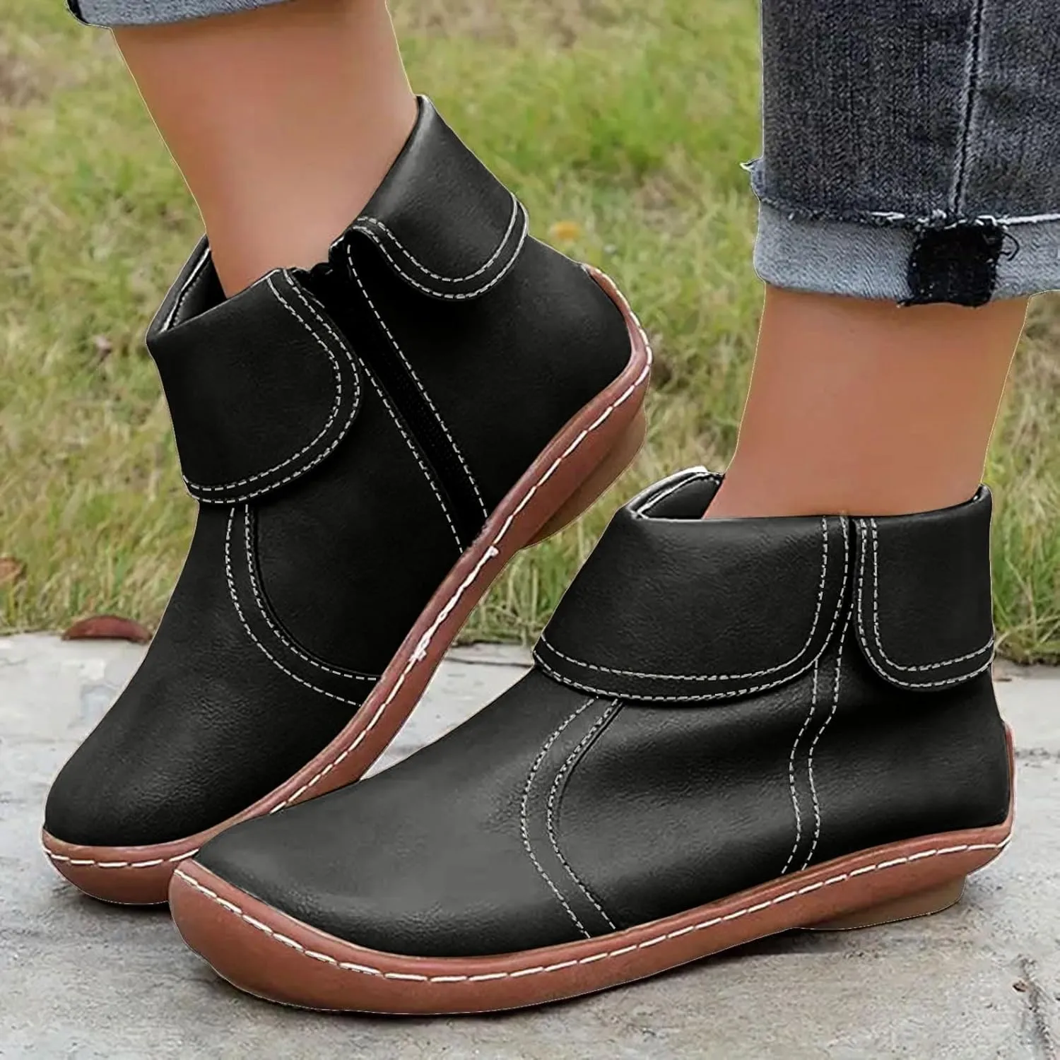 Women Flat Ankle Boots Round Toe Casual Boots for Women Side Zipper Round Toe Fashion Waterproof Comfortable Business