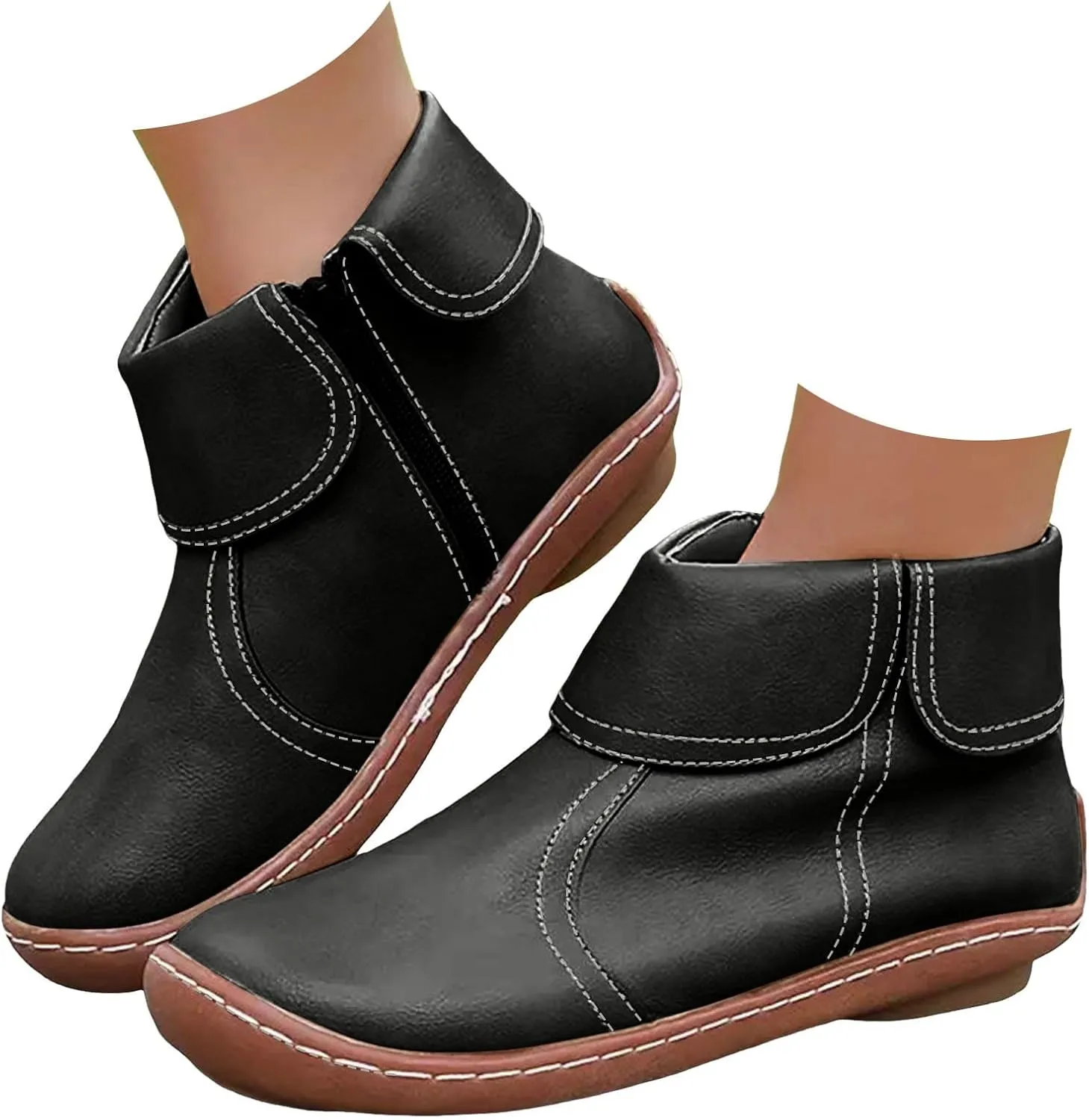 Women Flat Ankle Boots Round Toe Casual Boots for Women Side Zipper Round Toe Fashion Waterproof Comfortable Business