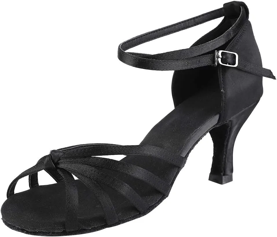 WOMEN LATIN DANCING SHOES COMFORTABLE IMPORTED SATIN FABRIC FOR BALLROOM DANCE BLACK LEOPARD PRINT SIZE 36 37 38 39 40 (38)