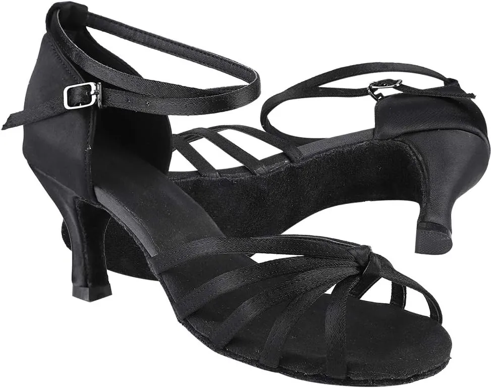 WOMEN LATIN DANCING SHOES COMFORTABLE IMPORTED SATIN FABRIC FOR BALLROOM DANCE BLACK LEOPARD PRINT SIZE 36 37 38 39 40 (38)