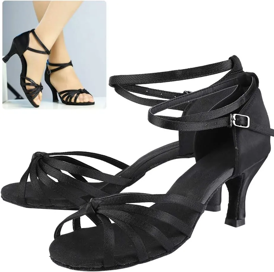 WOMEN LATIN DANCING SHOES COMFORTABLE IMPORTED SATIN FABRIC FOR BALLROOM DANCE BLACK LEOPARD PRINT SIZE 36 37 38 39 40 (38)