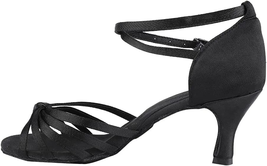 WOMEN LATIN DANCING SHOES COMFORTABLE IMPORTED SATIN FABRIC FOR BALLROOM DANCE BLACK LEOPARD PRINT SIZE 36 37 38 39 40 (38)
