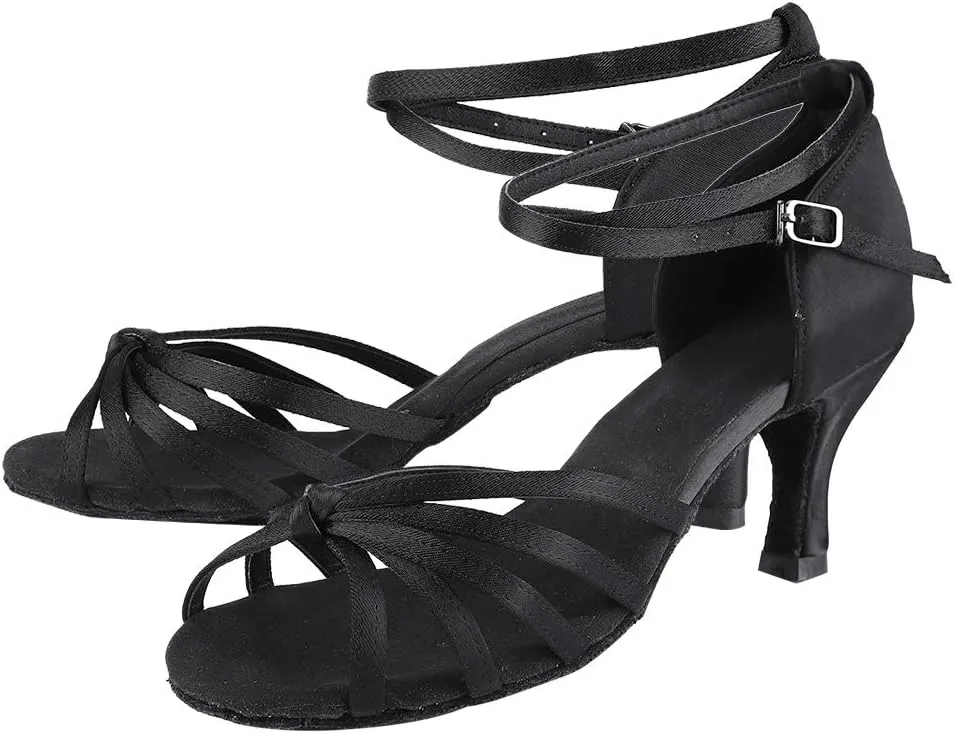 WOMEN LATIN DANCING SHOES COMFORTABLE IMPORTED SATIN FABRIC FOR BALLROOM DANCE BLACK LEOPARD PRINT SIZE 36 37 38 39 40 (38)