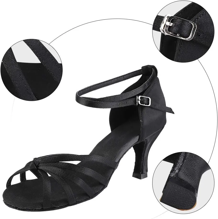 WOMEN LATIN DANCING SHOES COMFORTABLE IMPORTED SATIN FABRIC FOR BALLROOM DANCE BLACK LEOPARD PRINT SIZE 36 37 38 39 40 (38)