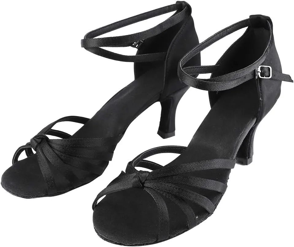 WOMEN LATIN DANCING SHOES COMFORTABLE IMPORTED SATIN FABRIC FOR BALLROOM DANCE BLACK LEOPARD PRINT SIZE 36 37 38 39 40 (38)