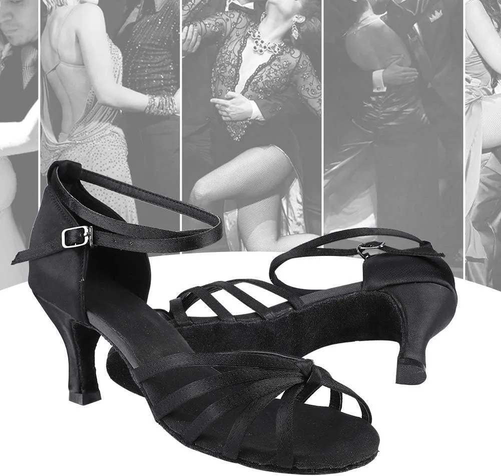 WOMEN LATIN DANCING SHOES COMFORTABLE IMPORTED SATIN FABRIC FOR BALLROOM DANCE BLACK LEOPARD PRINT SIZE 36 37 38 39 40 (38)