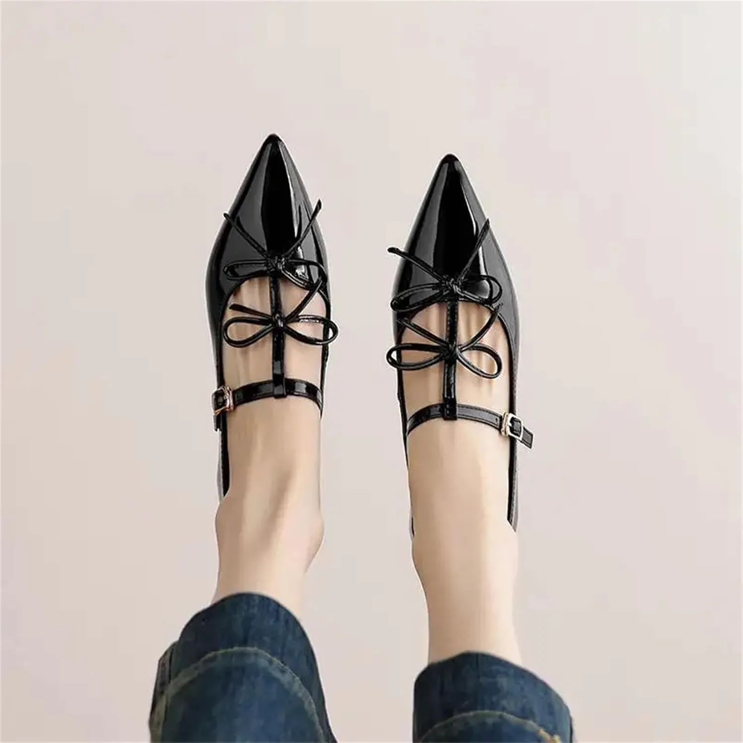 Women's Cow Leather Bow-Knot Sandals - Pointed Toe Low Heels Summer Ankle Straps