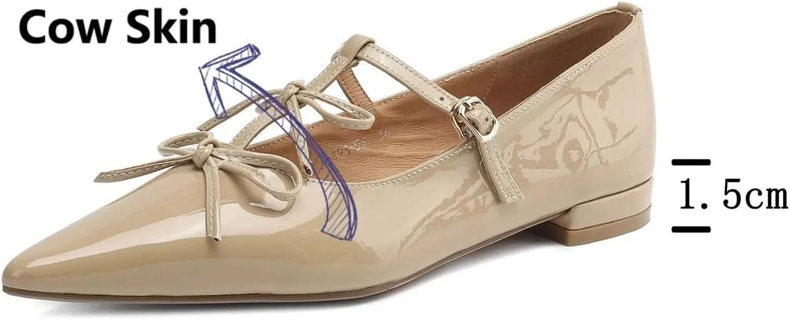 Women's Cow Leather Bow-Knot Sandals - Pointed Toe Low Heels Summer Ankle Straps