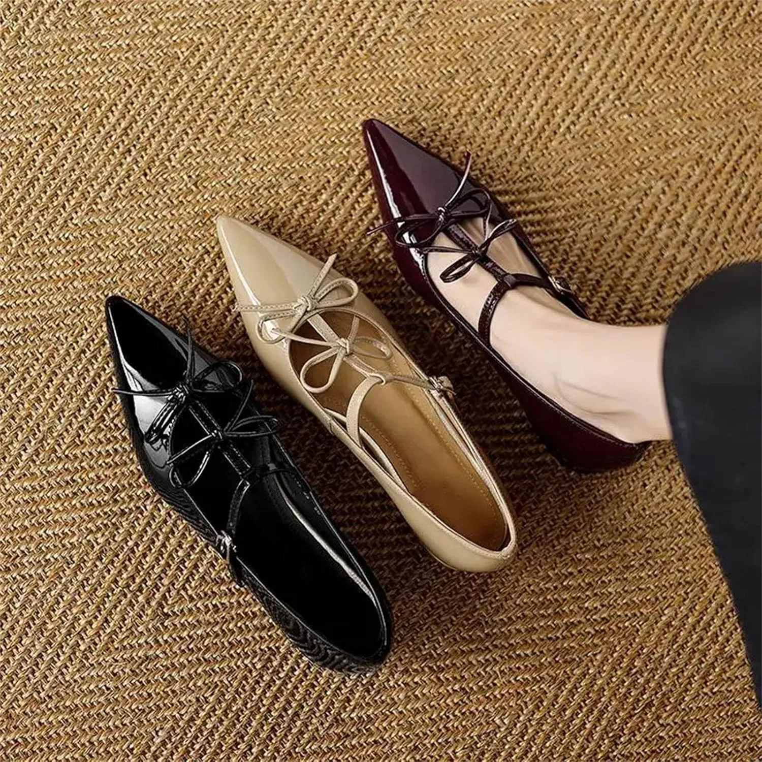 Women's Cow Leather Bow-Knot Sandals - Pointed Toe Low Heels Summer Ankle Straps