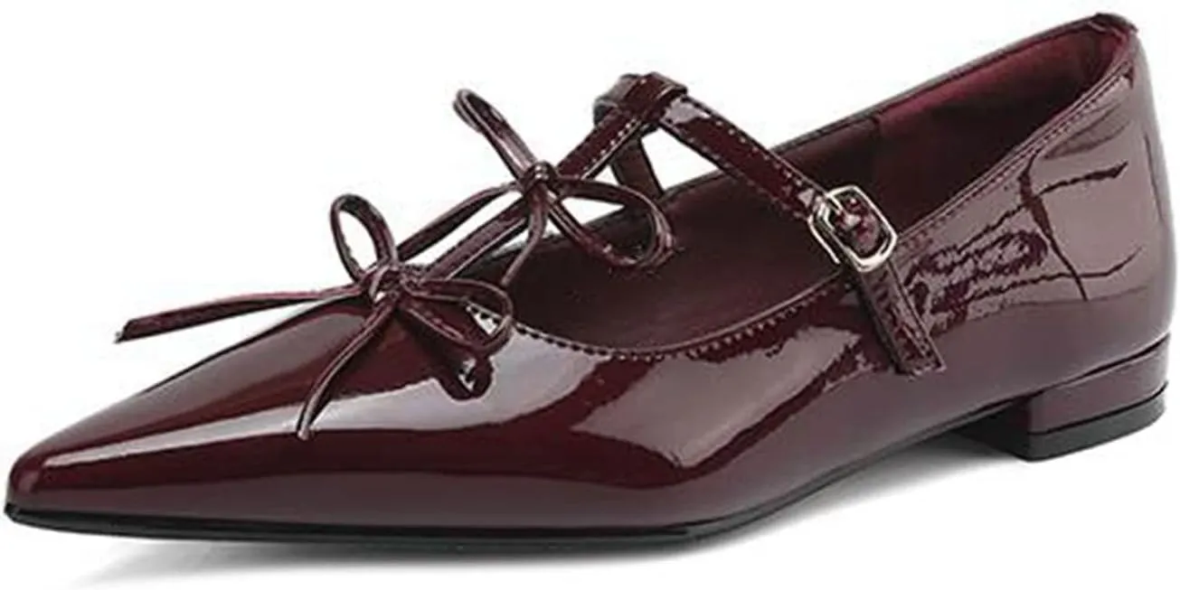 Women's Cow Leather Bow-Knot Sandals - Pointed Toe Low Heels Summer Ankle Straps