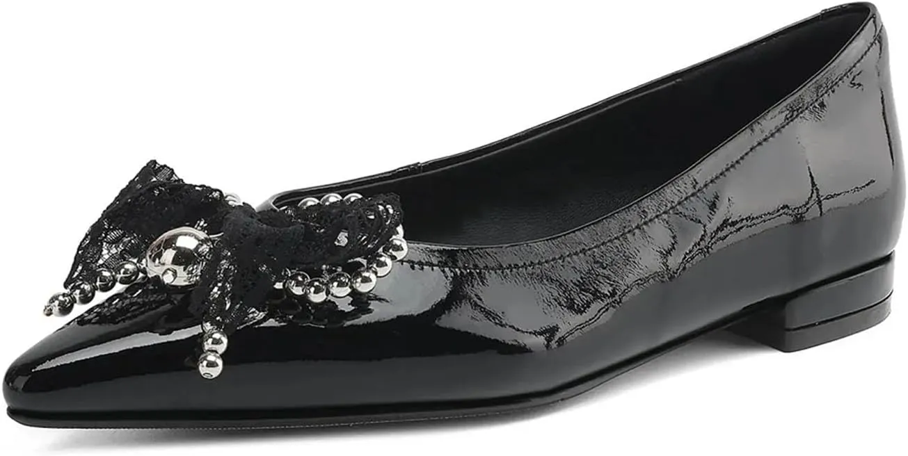 Women's Cow Leather Lace Bow Sandals - Pointed Toe Low Heels Summer Shallow