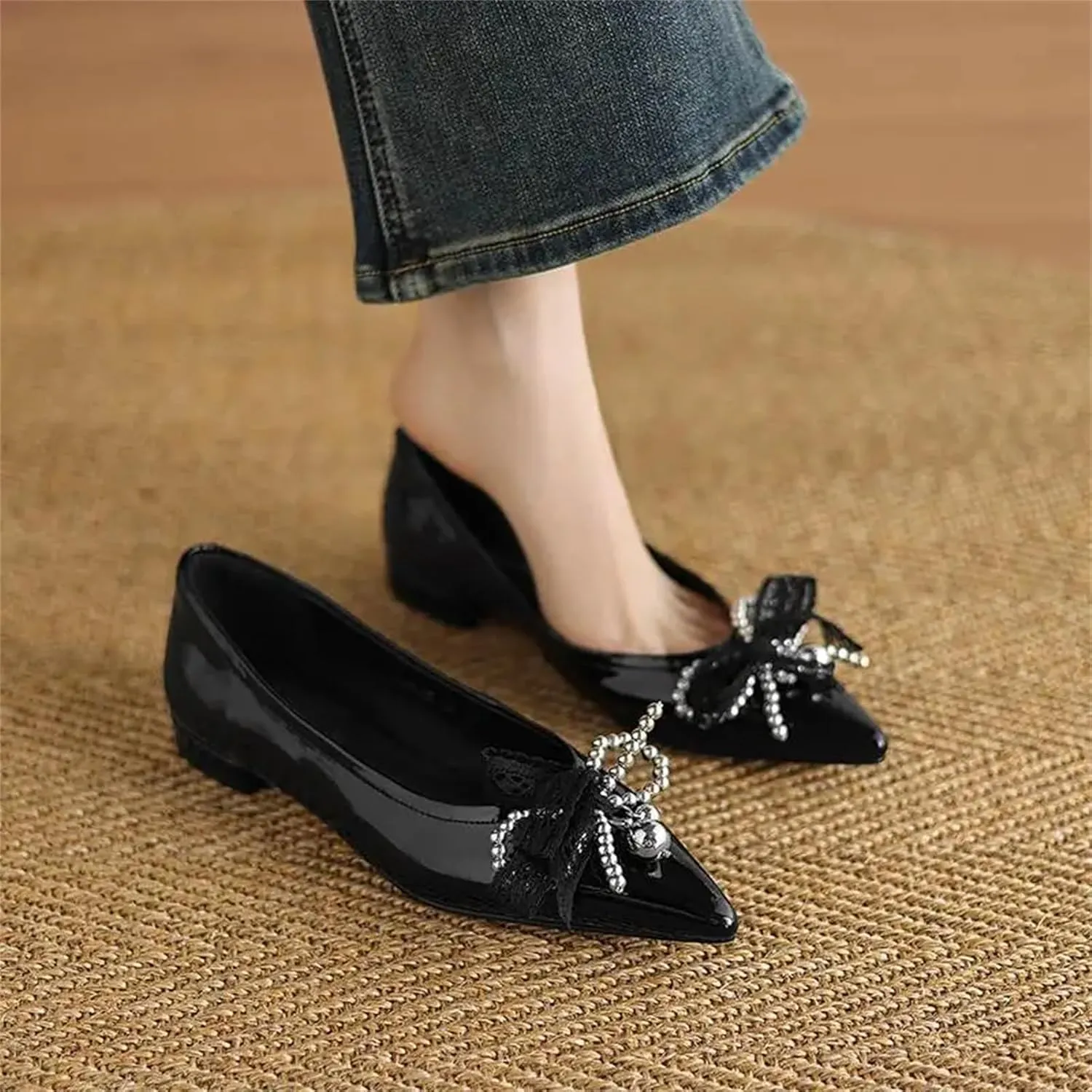 Women's Cow Leather Lace Bow Sandals - Pointed Toe Low Heels Summer Shallow