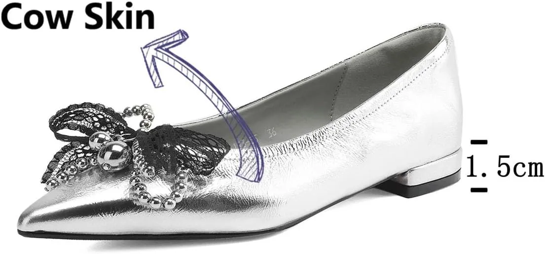 Women's Cow Leather Lace Bow Sandals - Pointed Toe Low Heels Summer Shallow