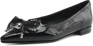 Women's Cow Leather Lace Bow Sandals - Pointed Toe Low Heels Summer Shallow