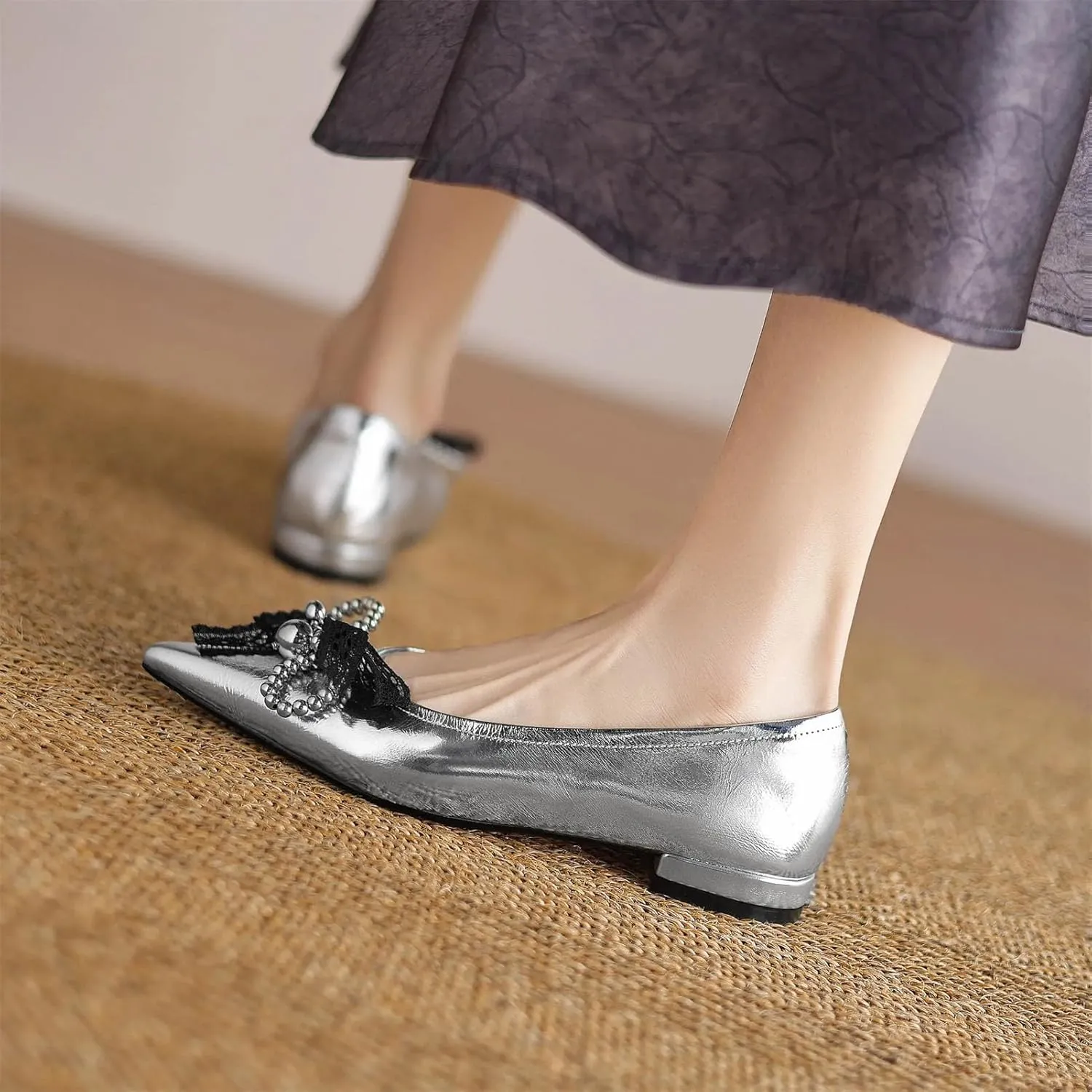 Women's Cow Leather Lace Bow Sandals - Pointed Toe Low Heels Summer Shallow