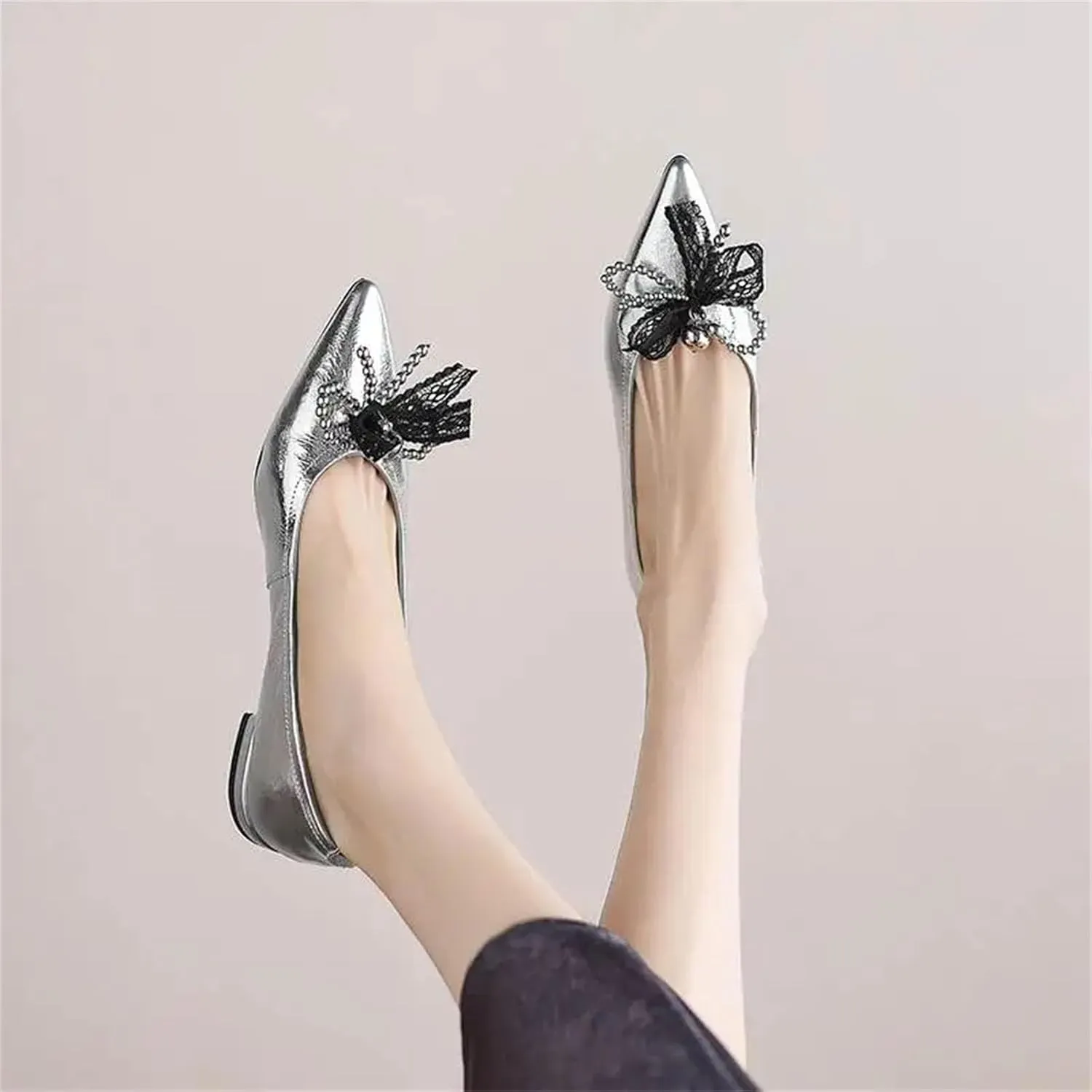 Women's Cow Leather Lace Bow Sandals - Pointed Toe Low Heels Summer Shallow
