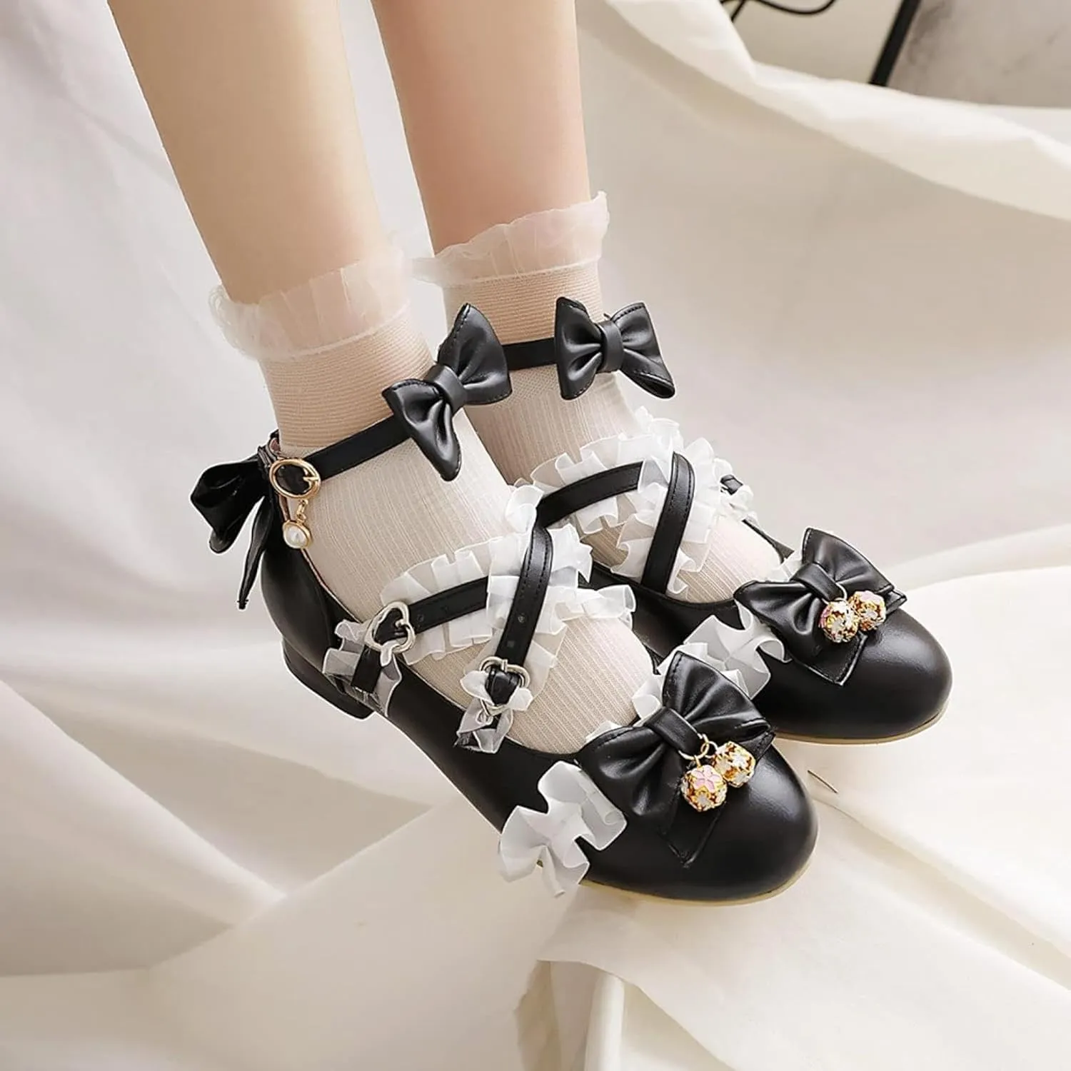 Women's Fashion Beaded Bow Mary Jane Oxford Shoes Thick Heels Girls Ankle Lace Dress Role Playing Shoes