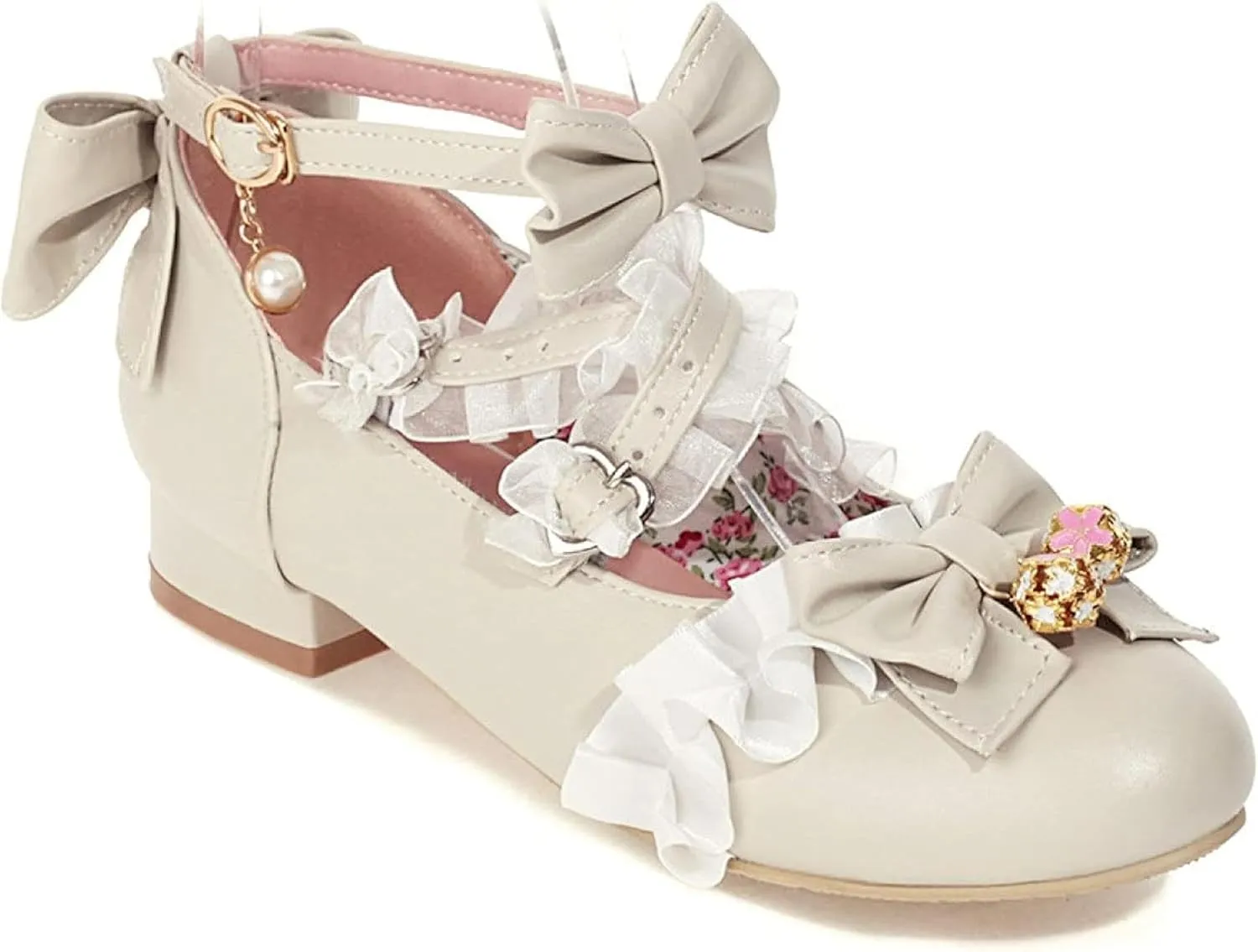 Women's Fashion Beaded Bow Mary Jane Oxford Shoes Thick Heels Girls Ankle Lace Dress Role Playing Shoes