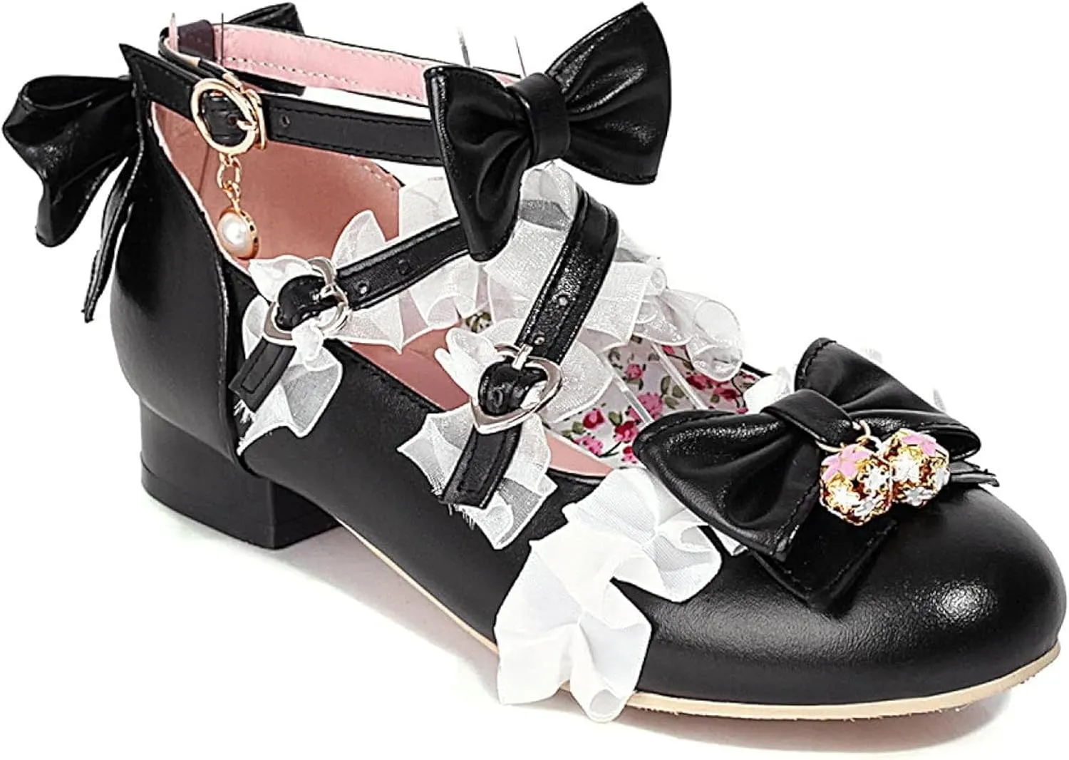 Women's Fashion Beaded Bow Mary Jane Oxford Shoes Thick Heels Girls Ankle Lace Dress Role Playing Shoes