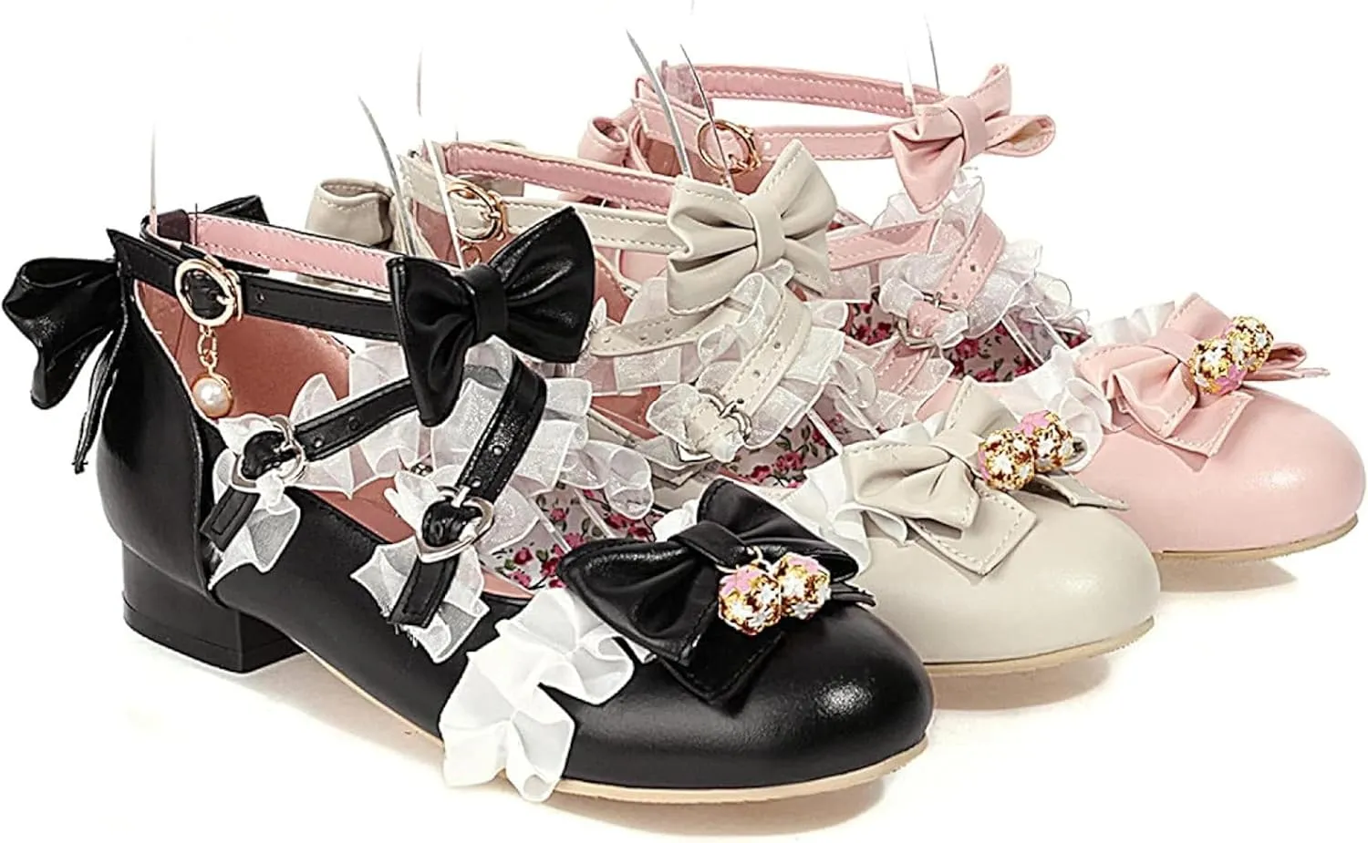 Women's Fashion Beaded Bow Mary Jane Oxford Shoes Thick Heels Girls Ankle Lace Dress Role Playing Shoes