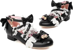 Women's Fashion Beaded Bow Mary Jane Oxford Shoes Thick Heels Girls Ankle Lace Dress Role Playing Shoes