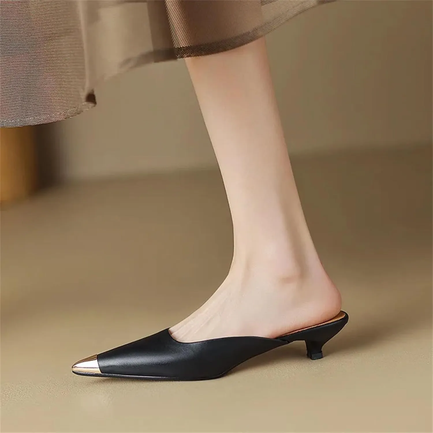 Women's Genuine Leather Metal Pointed Toe Mules - Low Heels Spring Summer, Casual Office