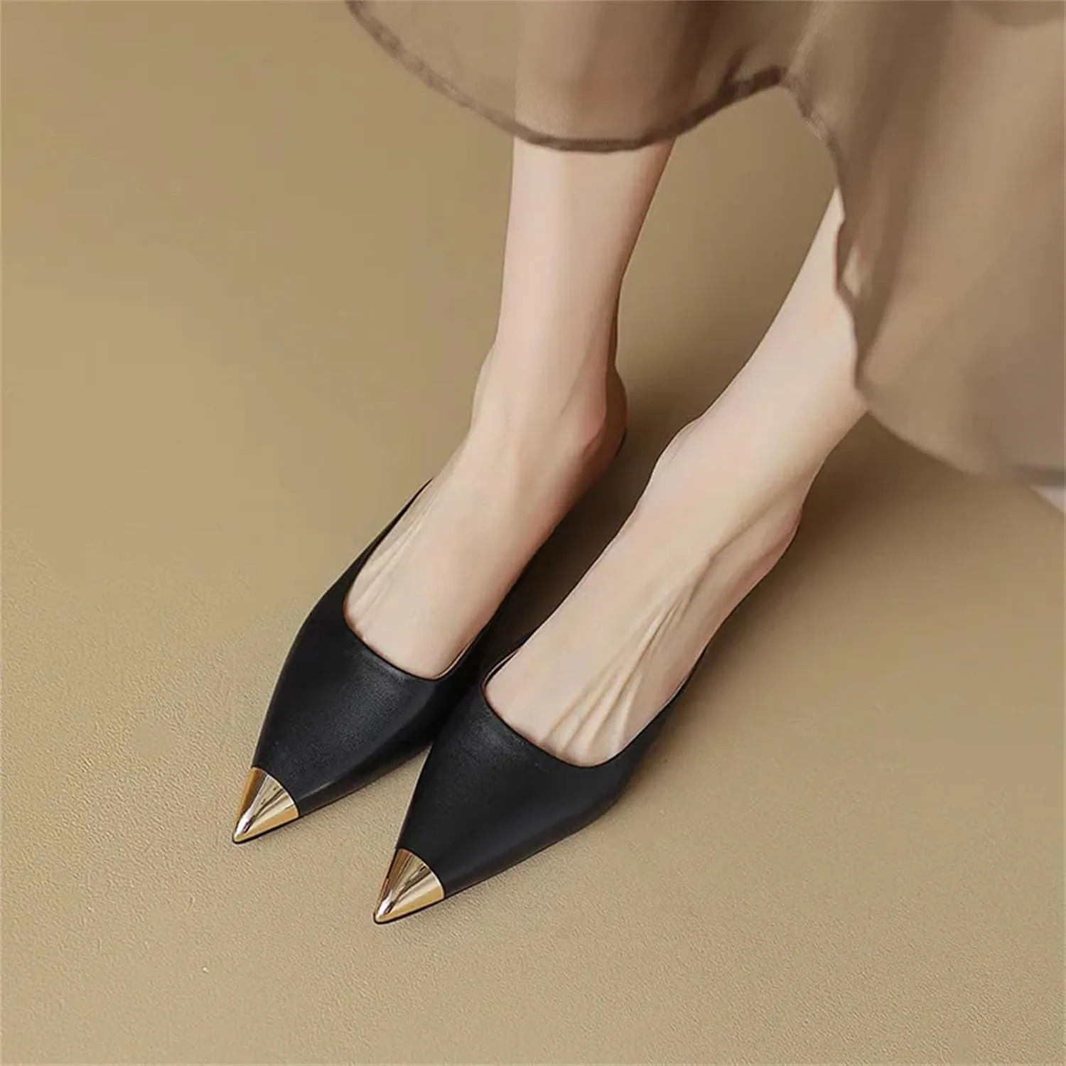 Women's Genuine Leather Metal Pointed Toe Mules - Low Heels Spring Summer, Casual Office