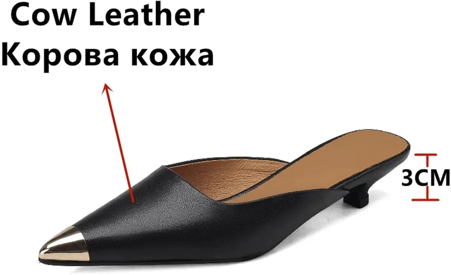 Women's Genuine Leather Metal Pointed Toe Mules - Low Heels Spring Summer, Casual Office